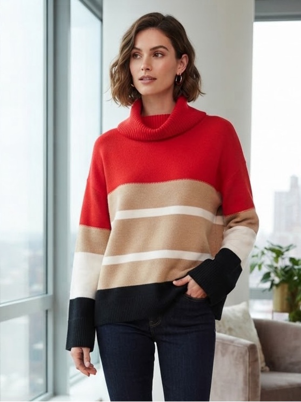 H Halston Colorblocked Cowl-Neck Long Sleeve Sweater  NEW!